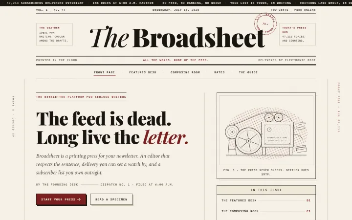 Broadsheet newsletter platform website