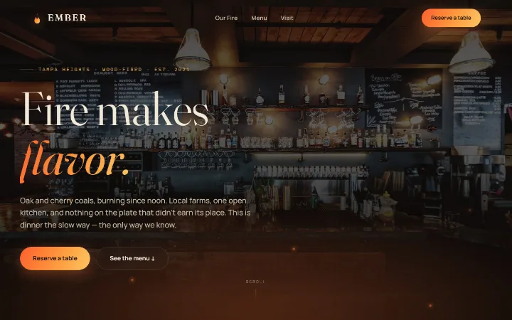 Ember wood-fired restaurant website